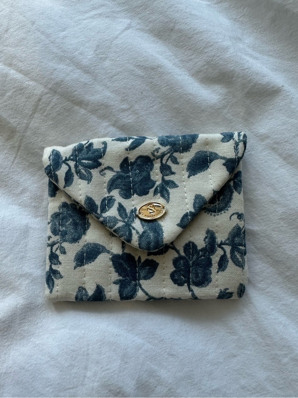 Sezane Quilted Floral Envelope Coin Purse / Jewelry Pouch- Blue and Cream
